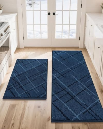COSY HOMEER Kitchen Mats, 2 PCS Kitchen Rug Non Slip Washable, Absorbent Runner Rugs for Kitchen Floor, Polyester Kitchen Sink Rug 24x36 + 24x60(Blue)