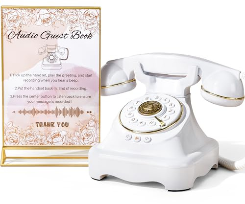FiayaCom Audio Guest Book Wedding Phone with One-Touch Playback & Adjustable Volume for Wedding, Anniversary, Birthday Parties, Baby Shower(White S)