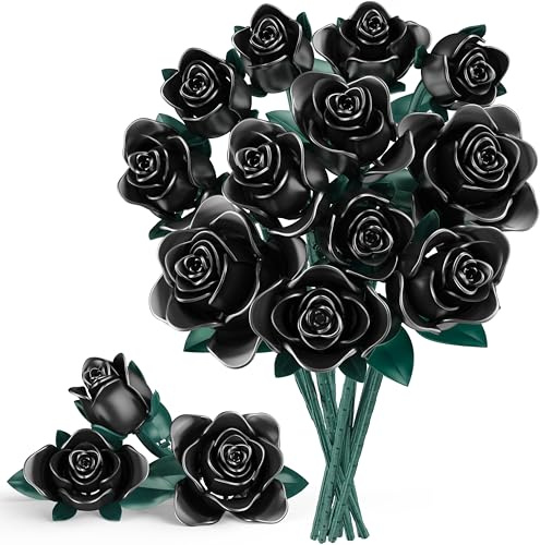 Kit de Construction Bouquet de Fleurs, 634 PCS Feuilles et Pétales Réglables, Roses Noires Artificielles pour Enfants Noël, Cadeau Saint-Valentin & Fête des Mères Adultes, Homme ou Femme