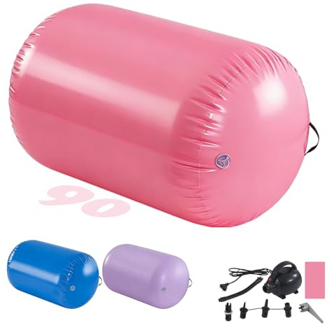 Luftroller uppblåsbar tumlande gymnastiktunna 60/75/90 cm tumlande matta, lufttorktumlare, ryggböjningstränare med elektrisk luftpump för träning/yoga/backflip/hemmabruk (rosa, 90 cm)