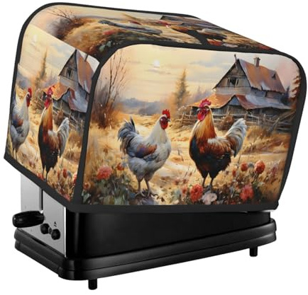 Mexpekil Rustic Rooster Hen Painting Toaster Cover 2 Slice Bread Maker Cover Waterproof Kitchen Small Appliance Dust-Proof Covers Toaster Oven Protection, Women Gift