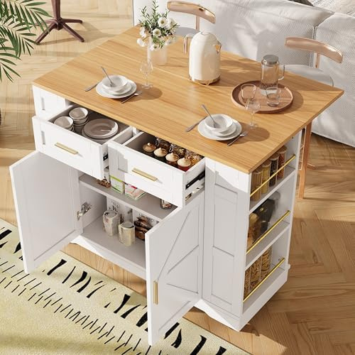 LAKFEW Isla Cocina con Ruedas y Encimera Plegable, Armario Cocina con 2 Cajones y 2 Puertas, Mueble Cocina con Espacio de Almacenamiento y Estante para Especias, 120x40(65) x90 cm, Blanco
