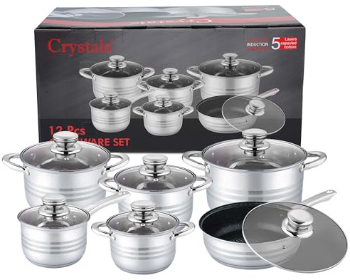Crystals 12Pcs Induction Hob Pan Set – Stainless Steel Cookware Set with Glass Lids – Mirror Polished Cooking Pots, Casserole Pot with Lid – Oven & Dishwasher Safe Kitchen Set