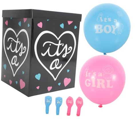 HOODANCOS Caja Revelación Género Globos Para Baby Shower, Decoración Fiesta Ñiño Niño o Niña, Tamaño 30x30x40 Cm, Color Negro 6 Globos Azules y Rosas, Set Decorativo Para Revelar Del Ñiño