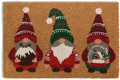 OHS Entrance Coir Door Mats Christmas Gonk Print, Non-Slippery Heavy Duty Decorative Washable Door Mat Indoor Outdoor Dirt Trapping Entrance Doormats, Natural - 40 x 60cm