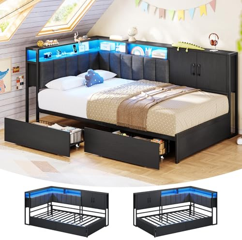 KIMENICH Letto imbottito Divano letto 90 x 200 con illuminazione a LED, stazione di ricarica, letto per ragazzi con 2 cassetti e rete a doghe in metallo, testiera con ripiani aperti, armadio, nero