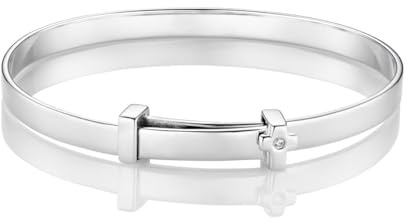 Molly Brown London My First Diamond - Braccialetto da bambina con croce per battesimo, in argento Sterling 925, con vero diamante da 1 pt, con marchio di garanzia, Industry Standard Baby Bangle