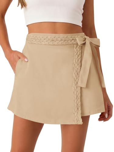 Tankaneo Womens Wrap Mini Skirt Skort Summer Casual Braided High Waisted Bow Tie Skirt Shorts with Pockets Light Khaki