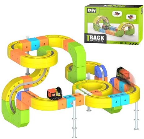 Kit de Train Électrique avec Circuit de Course Flexible, Contenant 62/105/167 Blocs de Construction Magnétiques et Un Train Électrique, Cadeaux de Jouets pour Enfants (167 Pièces)