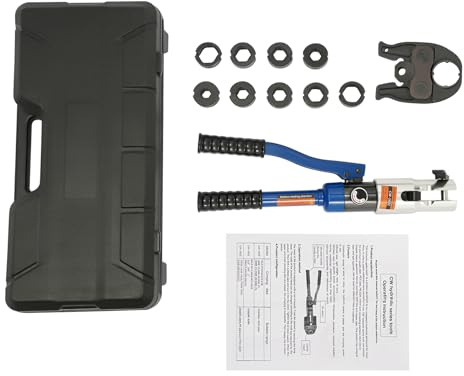 OUKANING Pinza crimpatrice manuale idraulica 10T per raccordi a pressatura, 10 set di matrici, V12-28 mm + M12-28 mm, testa girevole a 360°, pinza pressatrice per tubi PEX, tubo composito multistrato