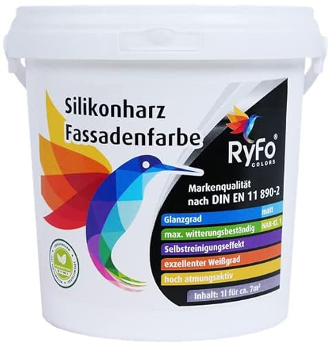 RyFo Colors Silikon Fassadenfarbe 1l (Größe wählbar) - hochwertige Silikonharzfassadenfarbe, weiß, Außen-Farbe-Dispersion, wasserabweisend, Abperleffekt, Wetterschutz, hohe Deckkraft, lösemittelfrei