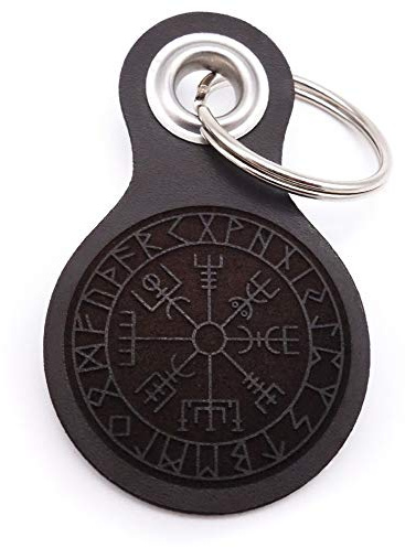 Samunshi® Vegvisir Schlüsselanhänger Leder Gravur Motiv für Männer und Frauen Individuell Schlüssel Anhänger Geschenk 8x4,8cm dunkel braun/graviert