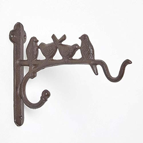 Homescapes Wandhaken für Blumenkörbe, rustikale Gusseisen-Halterung für Blumenampel und Körbe mit Vogel-Motiv im Antik-Stil, Outdoor-Wandhaken für Hof und Garten, braun, 25 x 5 x 19 cm