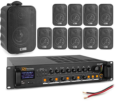 Power Dynamics 4-Zone Wall Speaker PA System with 12x BC30V 3 Black Weatherproof Speakers & PDV120MP3 120W Amplifier - Home, Office & Commercial Audio Solution