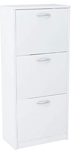 MATKAM Schuhschrank aus Holz 3S, in Schlichter Optik, B 50 x H 116 x T 28 cm, laminierte Möbelplatte 16 mm, mit Rückwand, 3 ausklappbare Schuhablagen (Weiß)