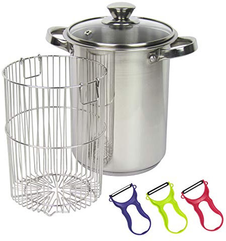 Pentola in acciaio inox per asparagi con filtro e vetro, 3,9 l, compatibile con tutti i fornelli e induzione, pelapatate in regalo