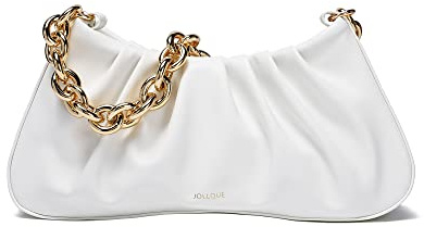 JOLLQUE Umhängetasche für Frauen, Kleine Leder Knödel Taschen Handtasche Geldbörse, Gold Kette Abend Clutch Geldbörsen (Weiß)