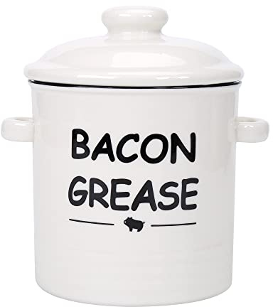 SOLIGT Ceramic Bacon Grease Container with Strainer - 600ml / 20oz Farmhouse Bacon Grease Keeper with Easy-Grip Handle, Bacon Fat Can for Grease Drippings and Storage - Creamy-white