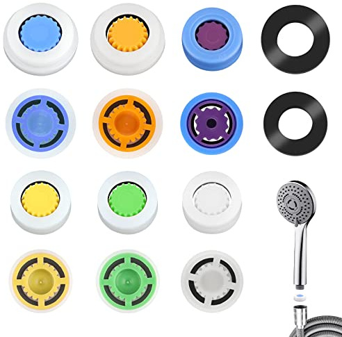 AIEX 12 Pcs Water Flow Restrictor, Multiple Specification Shower Flow Reducer Limiter Regulator, 1.2/1.5/1.8/2.0/2.2/2.5 GPM Flow Restrictor for Shower Head Fixed Water Saving (15mm/16mm in Diameter)