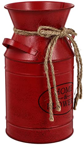 SEWACC Milk can Rustic Metal vases Shabby Chic Milk jug vase with Rope French Rustic Bucket Retro Style Dried Flower vase for Wedding Party Farmhouse Decor (red)