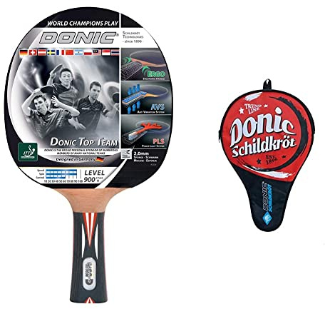 Donic-Schildkröt Tischtennisschläger Top Team 900, AVS & PLS-Griff, 2,0 mm Schwamm, Alpha Slick - ITTF Belag, 754199, Holz/Natur & Tischtennis Schlägerhülle Trendline, für 3 Bälle, 818507