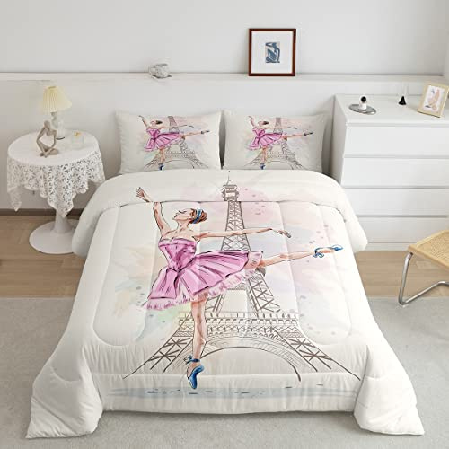 Set di biancheria da letto per letto 230x220cm con torre Eiffel, elegante parigi, ballerina elegante, set da letto per balletto francese, in microfibra, con inserto trapuntato, colore: rosa