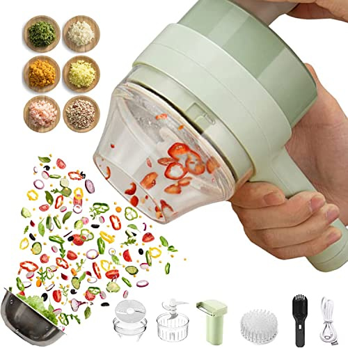 All-in-1Vegetable Chopper, Handheld electric vegetable cutter set includes 4 in 1 functions of slicing, cooking, peeling and cleaning brush