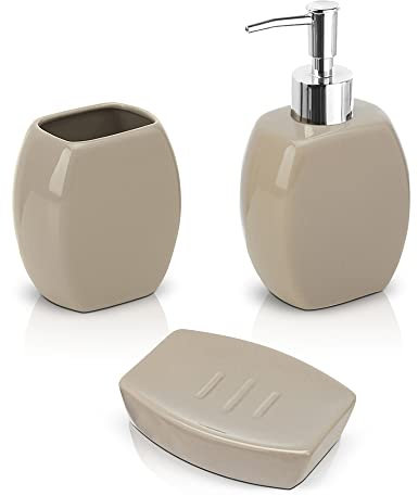Inbagno Set Accessori Bagno Completo – 3 Pezzi in Ceramica, Kit Accessori da appoggio, Include Dispenser Sapone, portaspazzolini e portasaponetta (Tortora)