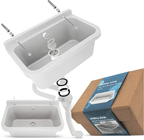 Waschbecken Spülbecken Ausgussbecken Waschtrog Becken 55x34x21cm Weiß Gewerbe Waschraum Garten Garage Keller Werkstatt Waschküche Waschtisch Außenwaschbecken Gartenwaschbecken