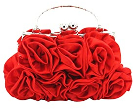 CORIOS Damen Elegante Abendtasche Blumen Clutch Tasche Handtasche mit Kette Kiss Lock Mini Rose Schultertasche Satin Umhängetasche für Hochzeit Bankett-Party Abschlussball Rot