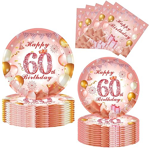 POPOYU 52 Stück 60 Geburtstag Party Geschirr,Deko 60. Geburtstag Frauen,Servietten 60Geburtstag Rosegold,Pappteller 60Geburtstag Rosegold,Servietten für Frauen Geburtstagsfeier Dekor