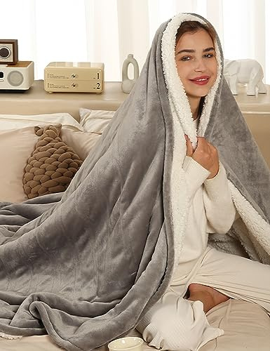 ESTINGO Heated Throw Blanket Electric Blanket Throw, Heated Blanket with 5 Heating Levels & 4 Hours Auto Off, Super Cozy Soft Sherpa Heating Blanket with Fast Heating for Bedding, 50x60, Light Gray