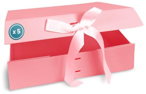 Verpackungswelt Geschenk-Box mit Deckel | 31 x 22 x 10 cm | Magnet-Verschluss & edle Schleife | Rosa | 5er Pack | Hochzeit, Geburt, Einzug