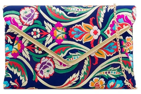 UShopUK Bolso de mano de satén floral multicolor para novia, graduación, boda, noche, fiesta, bolso de mano, azul marino, medium