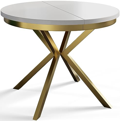 AlpiMeble Esszimmertisch BERGO, Durchmesser: 120-200 cm, Weiß, Gold Beine | Runder Tish, Ausziehbarer Tisch, Wohnzimmertisch mit Metallbeinen
