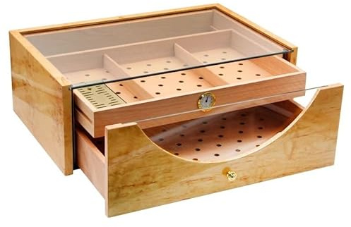 WAOCEO Cigar Humidor 3 Grids Storage Cigar Box Glass Cover Cedar Wood Humidor with Humidifier Hygrometer Draw Portable Cigarette Case 150 Cigars Portable Cigar Box