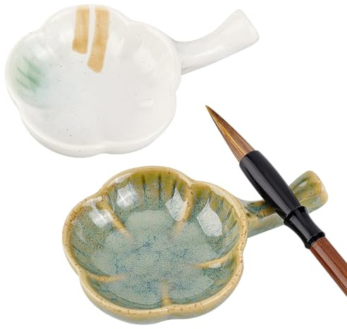 PH PandaHall 2 st keramisk bläckplatta porslin bläckfat med handtag kinesisk kalligrafi målning borsthållare färgpallar blomform multifunktionell skål för kalligrafi målning japanska tryck