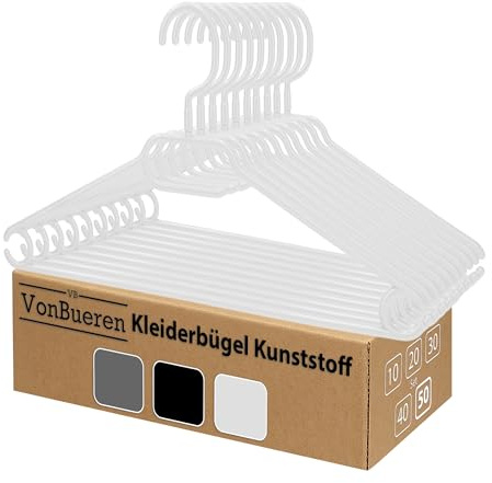 VonBueren 50x Kleiderbügel weiß, Kunststoff, 360° Drehhaken, platzsparend | Plastik-Kleiderbügel aus 100% Recyclingkunststoff, ca. 40,5 x 21 cm, 7 mm schmal, Anti-Rutsch-Rillen, hergestellt in der EU