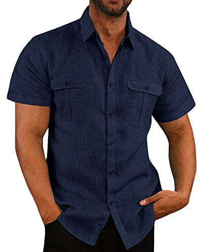 Chemise en lin à manches courtes pour homme - Chemise d'été pour les loisirs - Chemise d'affaires - Chemise de plage avec poches