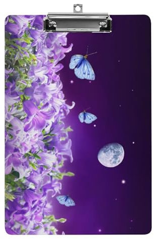 Porte-bloc léger en acrylique pour enfants, papillons bleus volants, fleurs violettes, format A4, peut contenir 21,6 x 31,8 cm pour enseignants, étudiants, femmes, hommes, filles, garçons