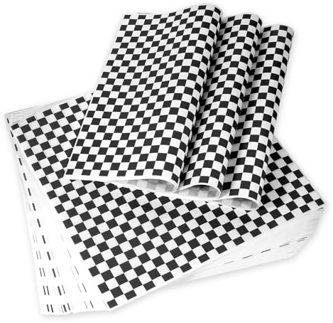 JIRNGLA Lot de 100 feuilles de papier ciré résistant à la graisse pour nourriture, papier d'emballage sandwich à carreaux classiques (carreaux noirs et blancs) 30,5 x 30,5 cm