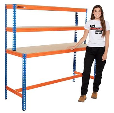 Large Garage Workbench, Heavy Duty 400kg UDL Blue/Orange Workstation with MDF Shelves (Workbench Only)