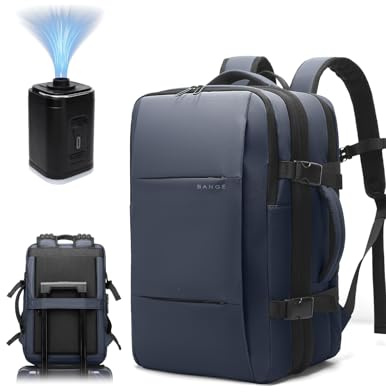 BANGE Sac à dos avec compression sous vide antivol - Sac de voyage extensible avec pompe pour avions, bleu, With Air Pump