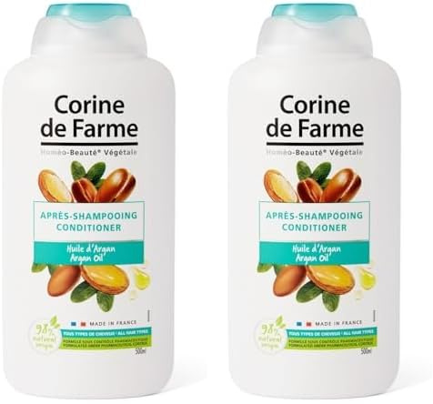 Corine de Farme - Acondicionador Suave con Aceite de Argán 500 ml - para Toda la Familia - Sin Sulfatos Ni Parabenos - Cosmético Natural - Francia - Pieles Sensibles (Paquete de 2)