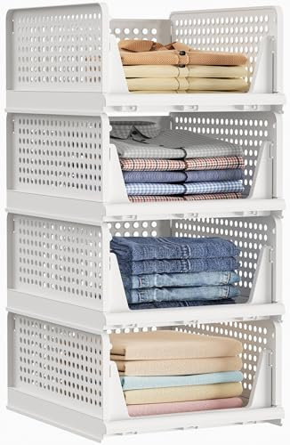 HOMIDEC Wardrobe Storage Organiser, 4 Pack Folding Stackable Storage Drawers Baskets Boxes, Plastic Closet Cupboard Organiser Shleves for Clothes Bedroom Wardrobe