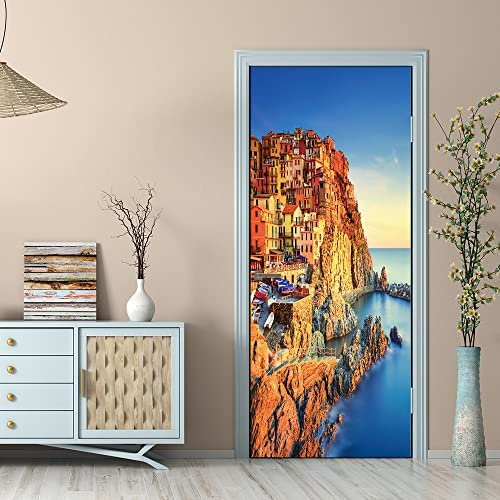 3D Türtapete 70x200 Türaufkleber Selbstklebend Türfolie Poster Fototapete Türbilder Türtattoos Wasserdichte Tür Stickers für Kinderzimmer Wohnzimmer Badezimmer Haus am Meer