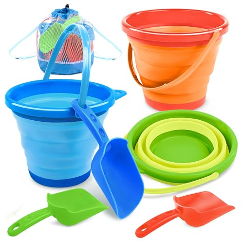 JOYIN 3 Packs Foldable Pail Bucket with Shovels & Mesh Bag, Collapsible Buckets Multi Purpose for Beach, Camping Gear, Beach Party, Fishing, and Fun Summer Activities (Orange/Blue/Green)