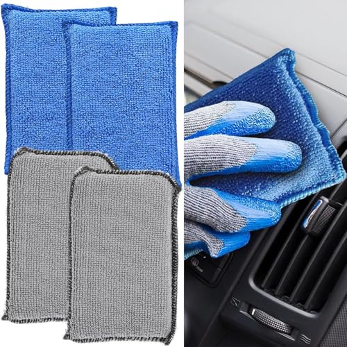 4 Pcs Interior Scrubber Detailing Pads,Reusable Interior Scrubbing Sponge,Double-Sided Velvet Terry Cloth Sponge for Interior Cleaning,Leather,Vinyl,Plastic & Upholstery