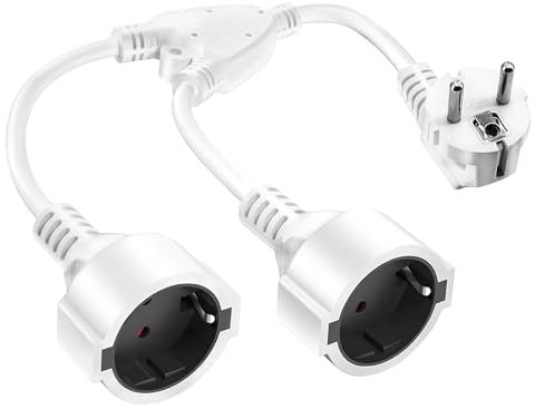 Doppelstecker für Steckdose, Doppelstecker16A/250V/Max, Verlängerungskabel kurz mit steckdosenadapter 2fach schuko, Doppelstecker schuko für Küche, Büro, Zuhause Weiß