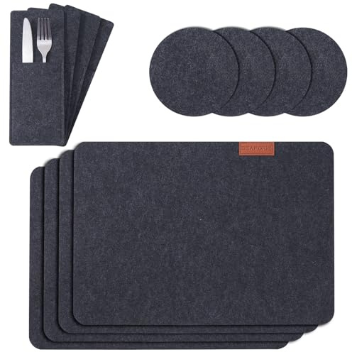 Seaforie Tischsets abwaschbar, 12er Set Platzset inkl. 4xTischset, 4xGlasuntersetzer&4xBestecktaschen, 3mm Dicke rutschfeste Tischunterlage aus Filz, Hitzebeständig bis 100°C für Esstisch & Küche